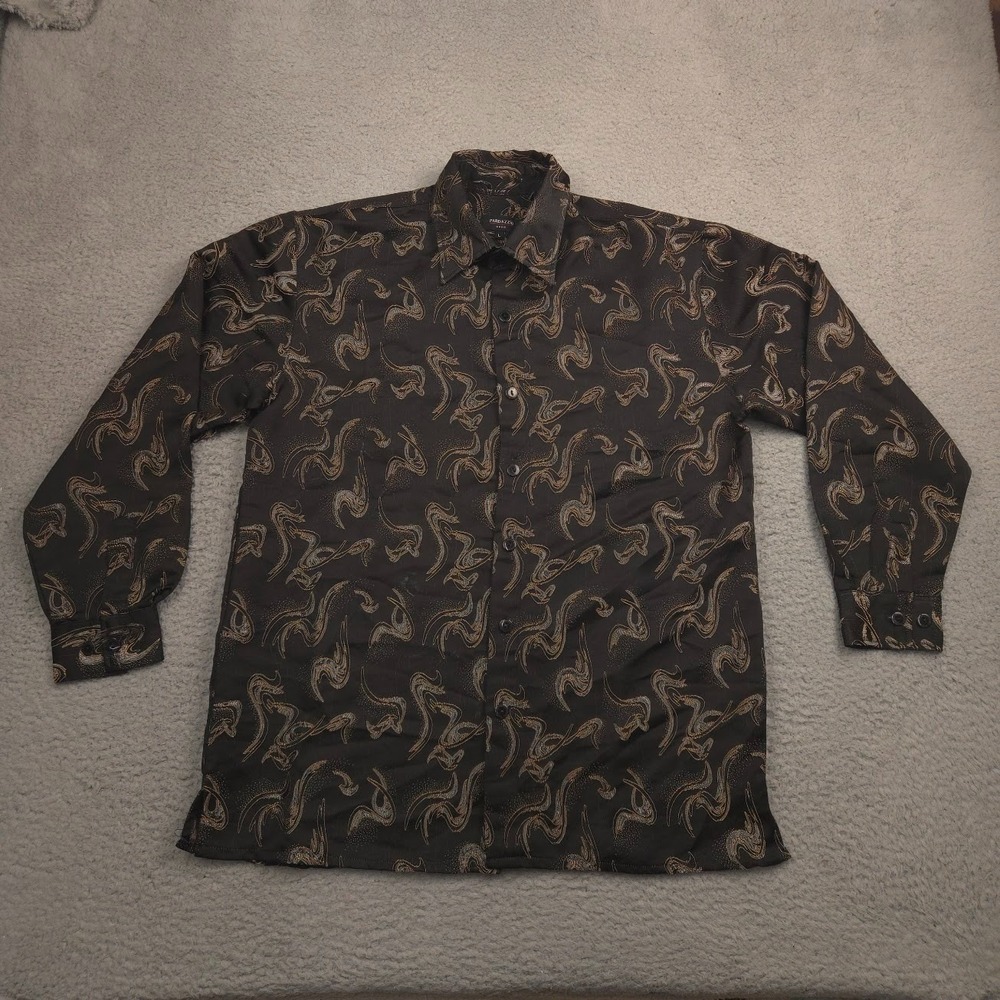 Pardazzio Uomo Men's Long Sleeve Button Shirt Large Black Gold Abstract Pattern
